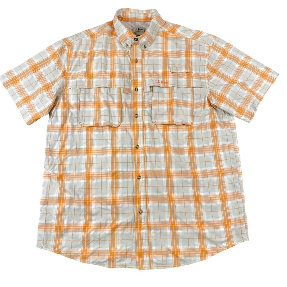 L L Bean Mens Large Plaid Fishing Shirt Orange Vented Mesh Outdoor Hiking